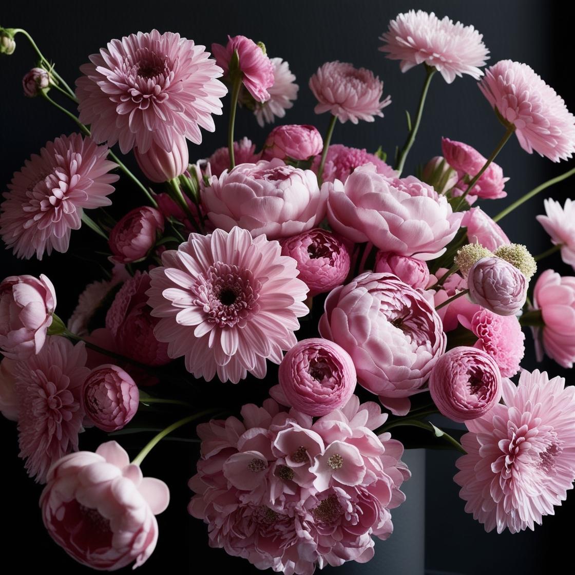 Bouquet of pink flowers on a black background