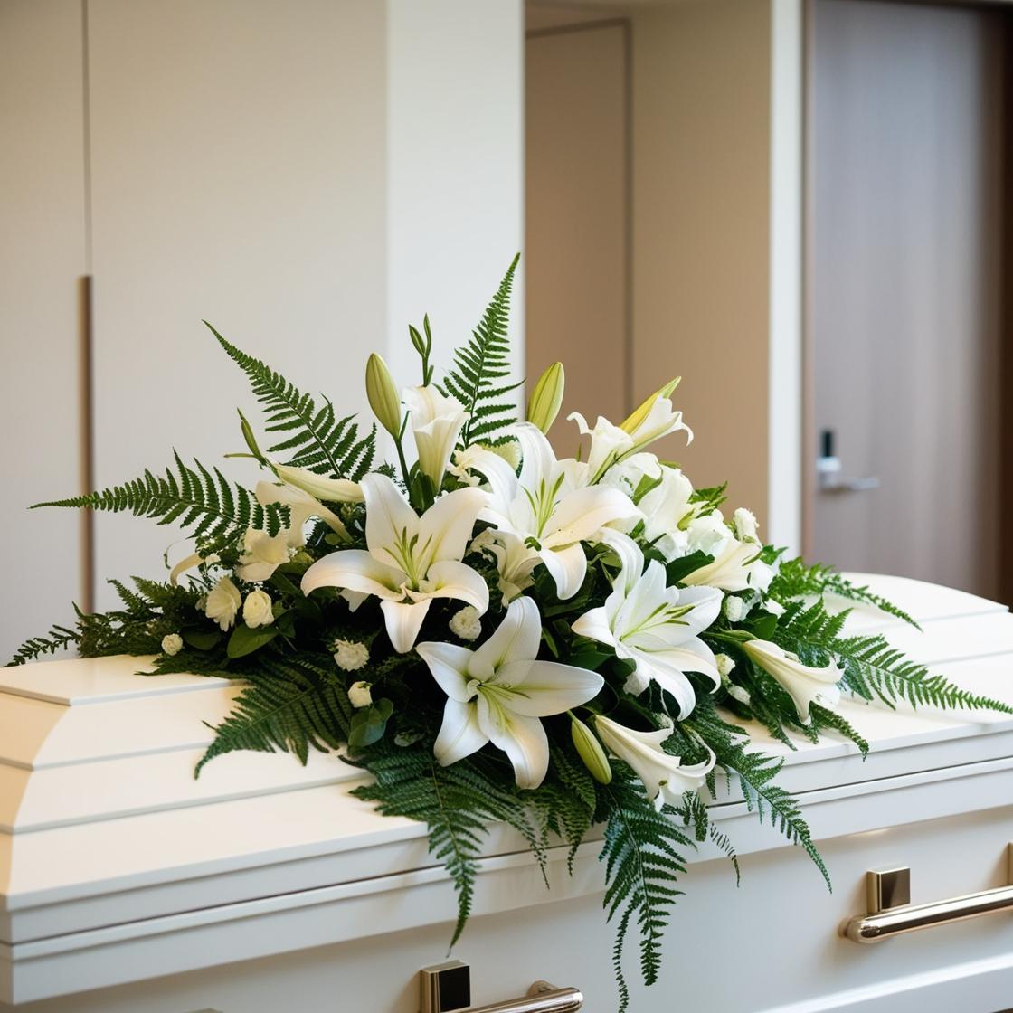 White lily casket spray with ferns and lush greenery -- elegant funeral tribute by LUXE Macon.