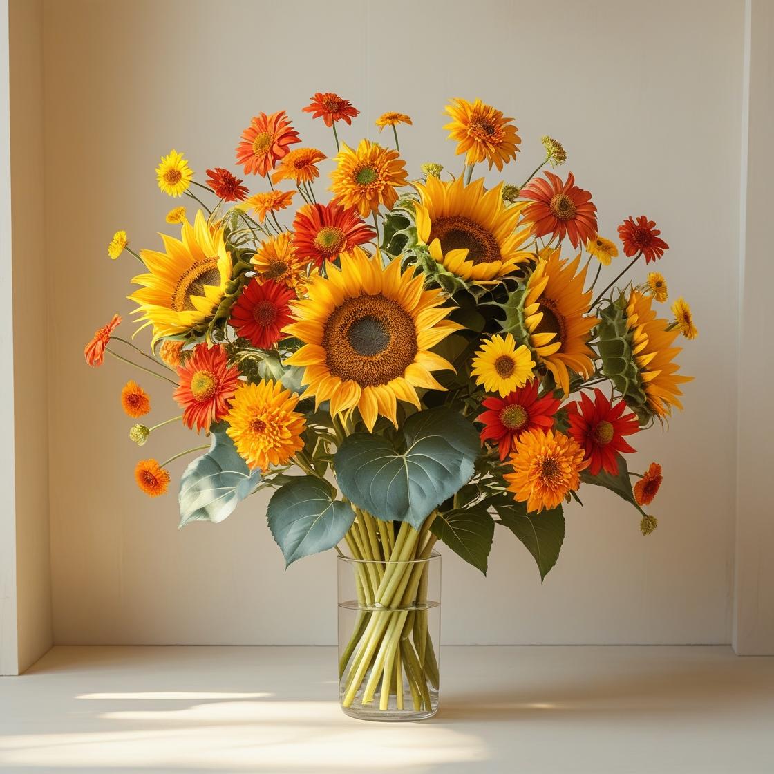 Bouquet of sunflowers and red flowers in a clear vase on a light background