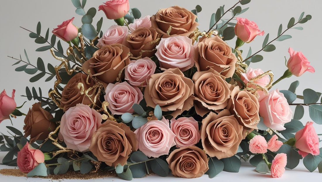 Luxury birthday flower arrangement featuring champagne toffee roses, blush pink roses, and soft coral carnations, accented with eucalyptus greenery and gold detailing. Elegant floral bouquet perfect for upscale birthday celebrations or glamorous gifting.