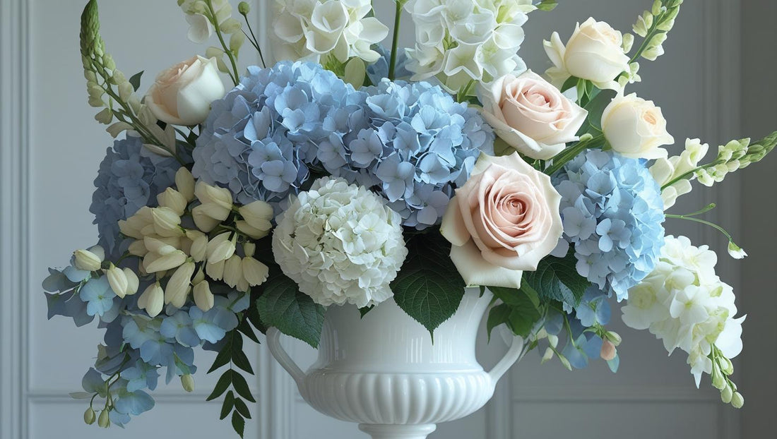 Elegant floral arrangement featuring pale blush roses, blue and white hydrangeas, creamy tulips, and white snapdragons in a classic white compote vase. Perfect for weddings, sympathy flowers, or luxury home decor.