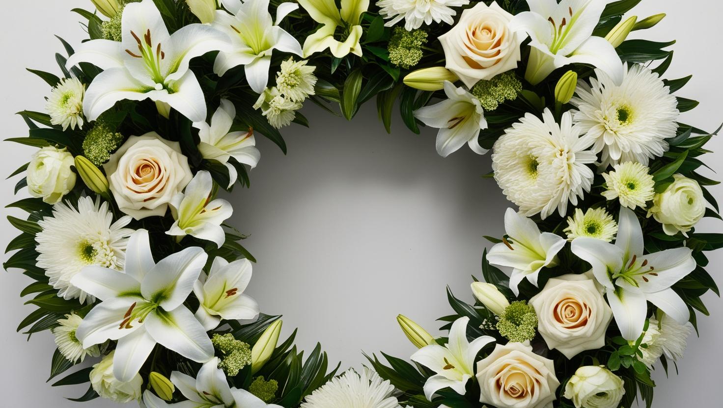White sympathy wreath with lilies, roses, daisies, and greenery ‚-- funeral tribute by LUXE Macon.