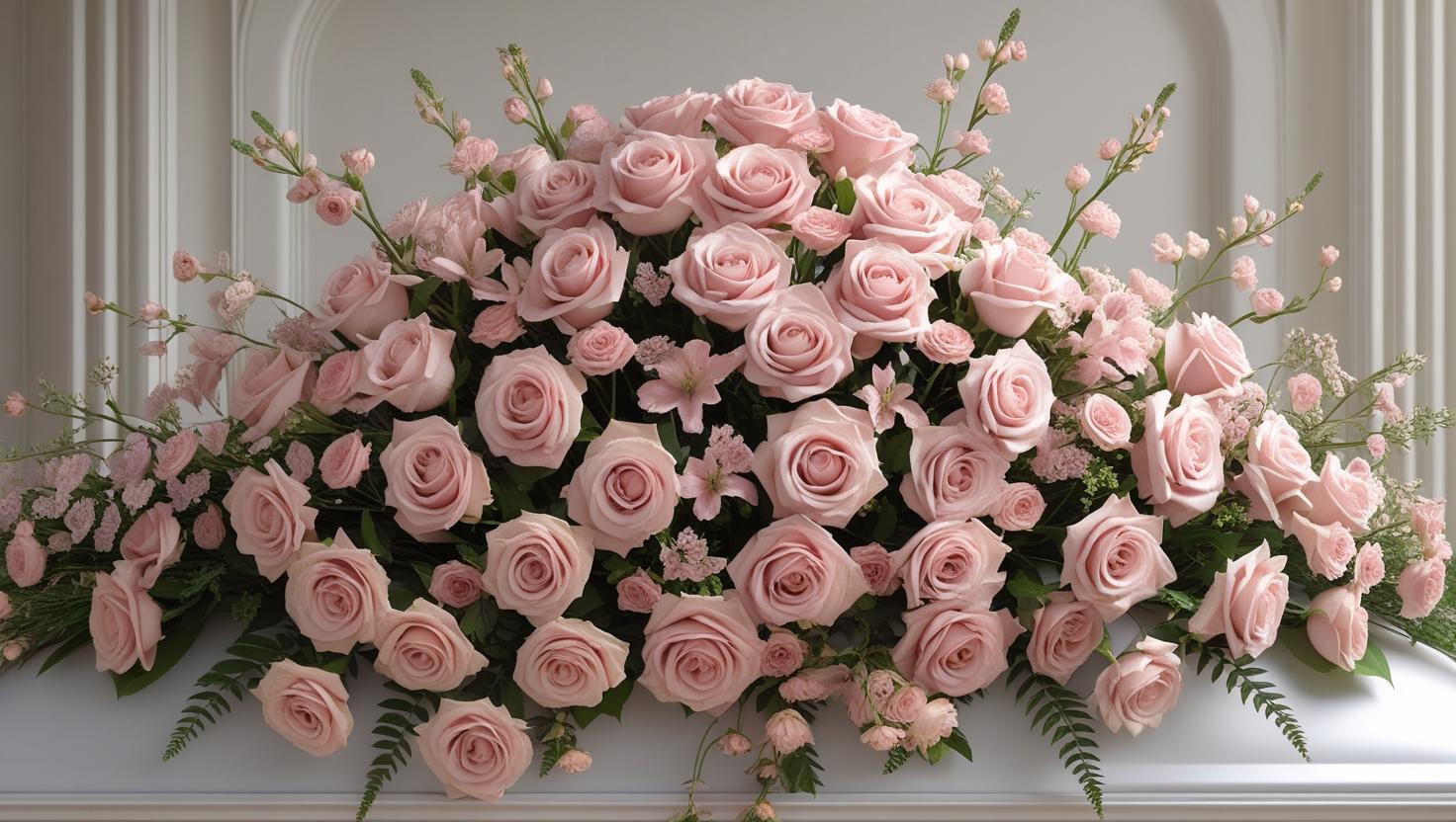 Blush pink casket spray with roses, spray roses, and soft accent blooms ‚-- funeral floral arrangement by LUXE Macon.