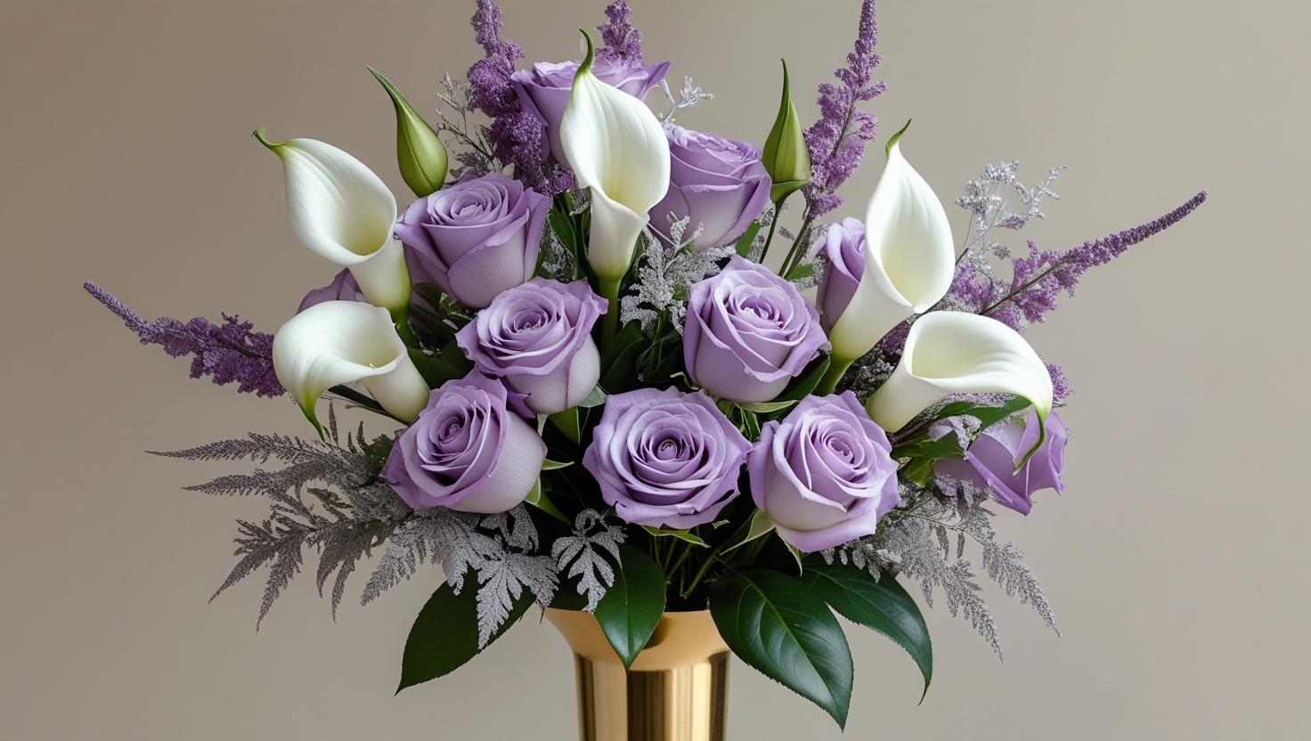 Lavender rose and white calla lily sympathy arrangement in a gold vase with purple astilbe ‚-- funeral tribute by LUXE Macon.