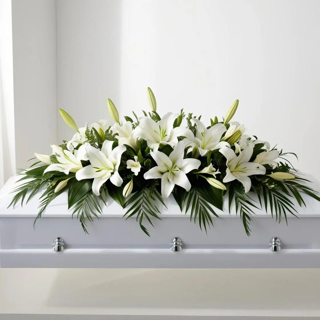 White lily casket spray with lush greenery ‚-- elegant funeral arrangement by LUXE Macon.