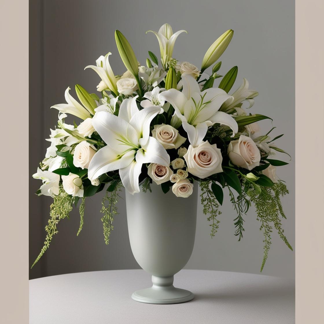 Ivory rose and white lily sympathy arrangement in a pedestal urn ‚-- funeral tribute by LUXE Macon.