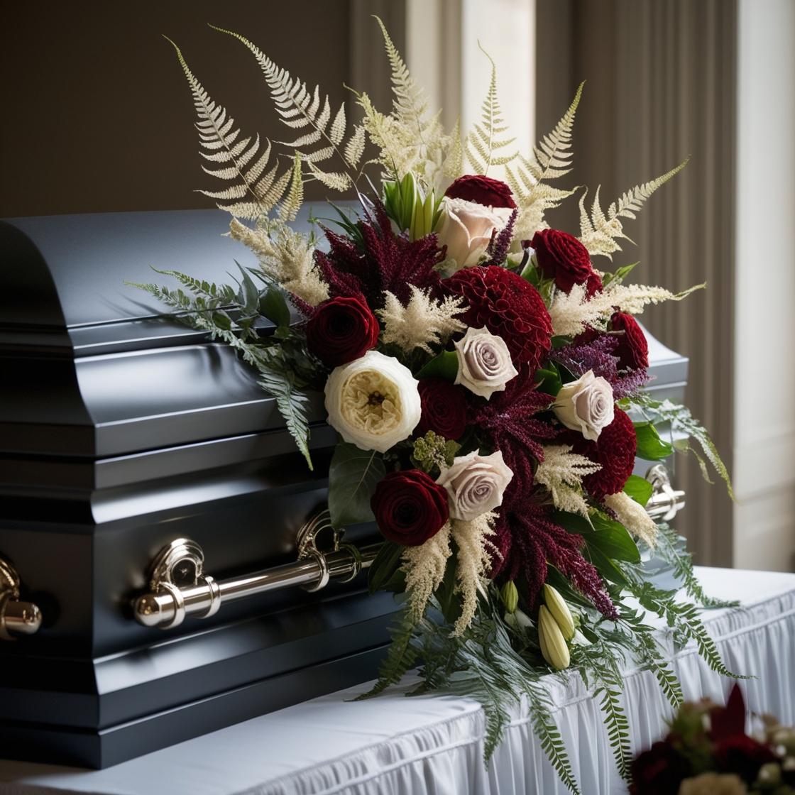 Burgundy, blush, and white casket spray with roses, Amaranthus, and ferns ‚-- luxury funeral arrangement by LUXE Macon.