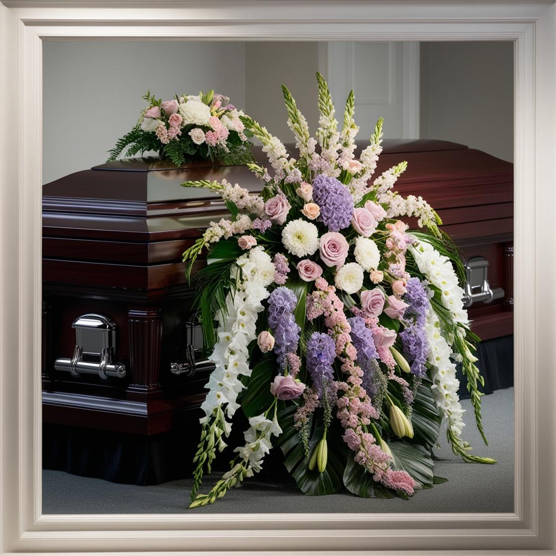 Pastel casket spray with pink roses, lavender hydrangeas, white gladiolus, and cascading tropical greens ‚-- funeral arrangement by LUXE Macon.