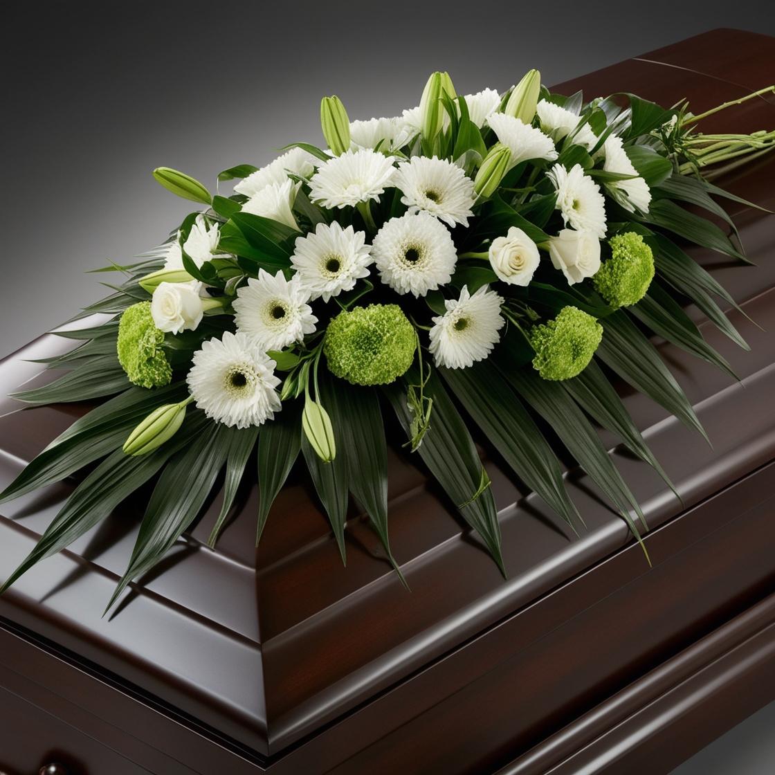 White and green casket spray with lilies, roses, gerbera daisies, and tropical greens ‚-- funeral floral tribute by LUXE Macon.