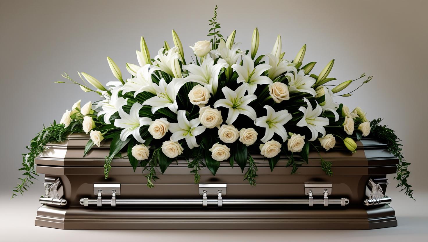 Ivory rose and white lily casket spray with lush greenery ‚-- elegant funeral tribute by LUXE Macon.