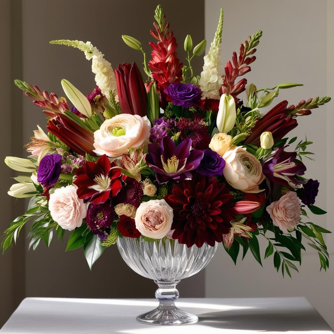 Royal Jewel Centerpiece – Burgundy, purple, and crimson flowers in pedestal vase by LUXE Macon