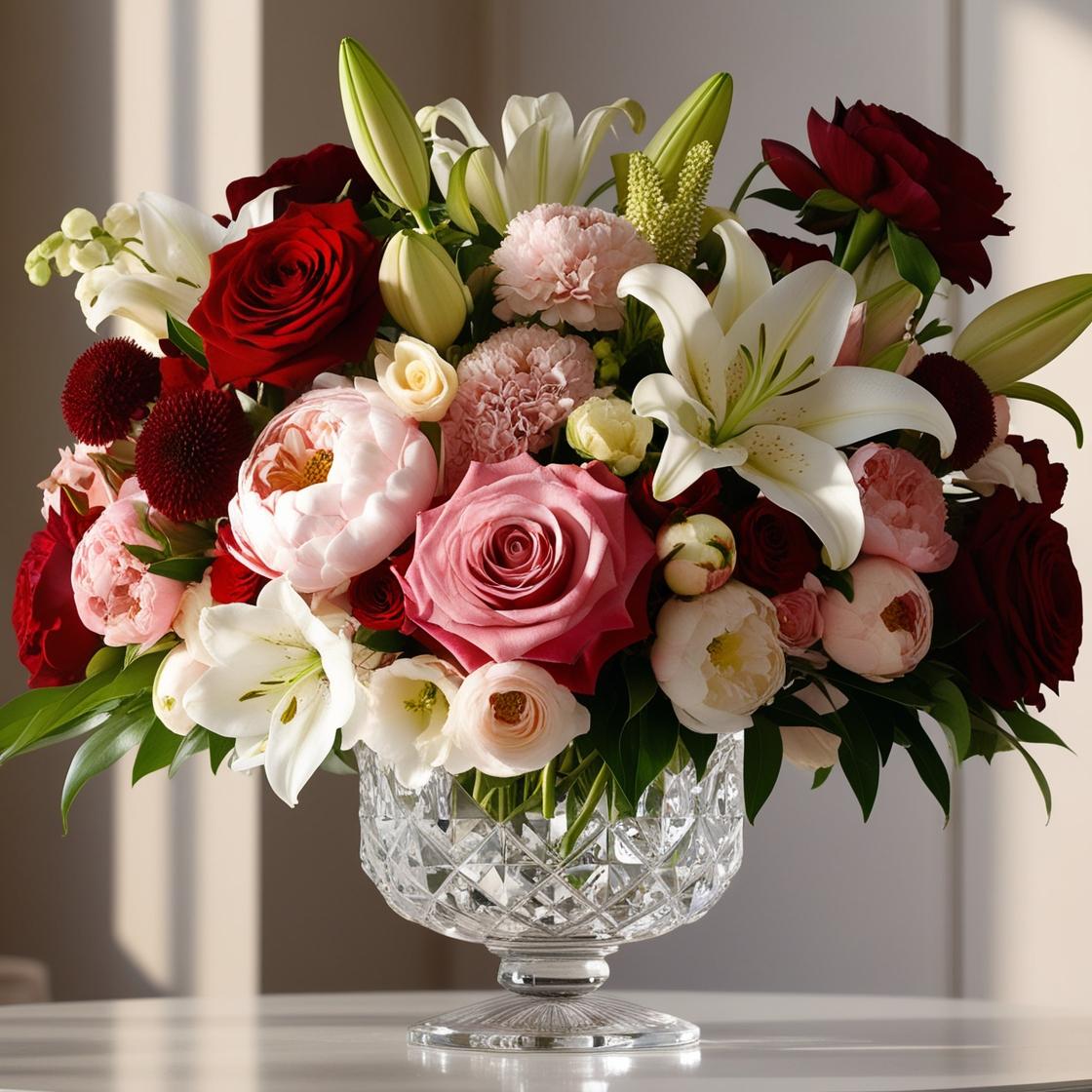 Grand Romance Crystal Bowl – Elegant red and peach flower arrangement by LUXE Macon