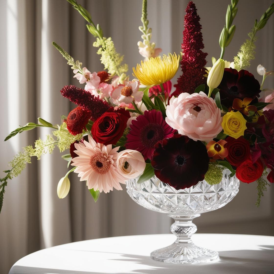 Wine & Blush Crystal Centerpiece – Deep red and soft pink blooms in crystal vase by LUXE Macon
