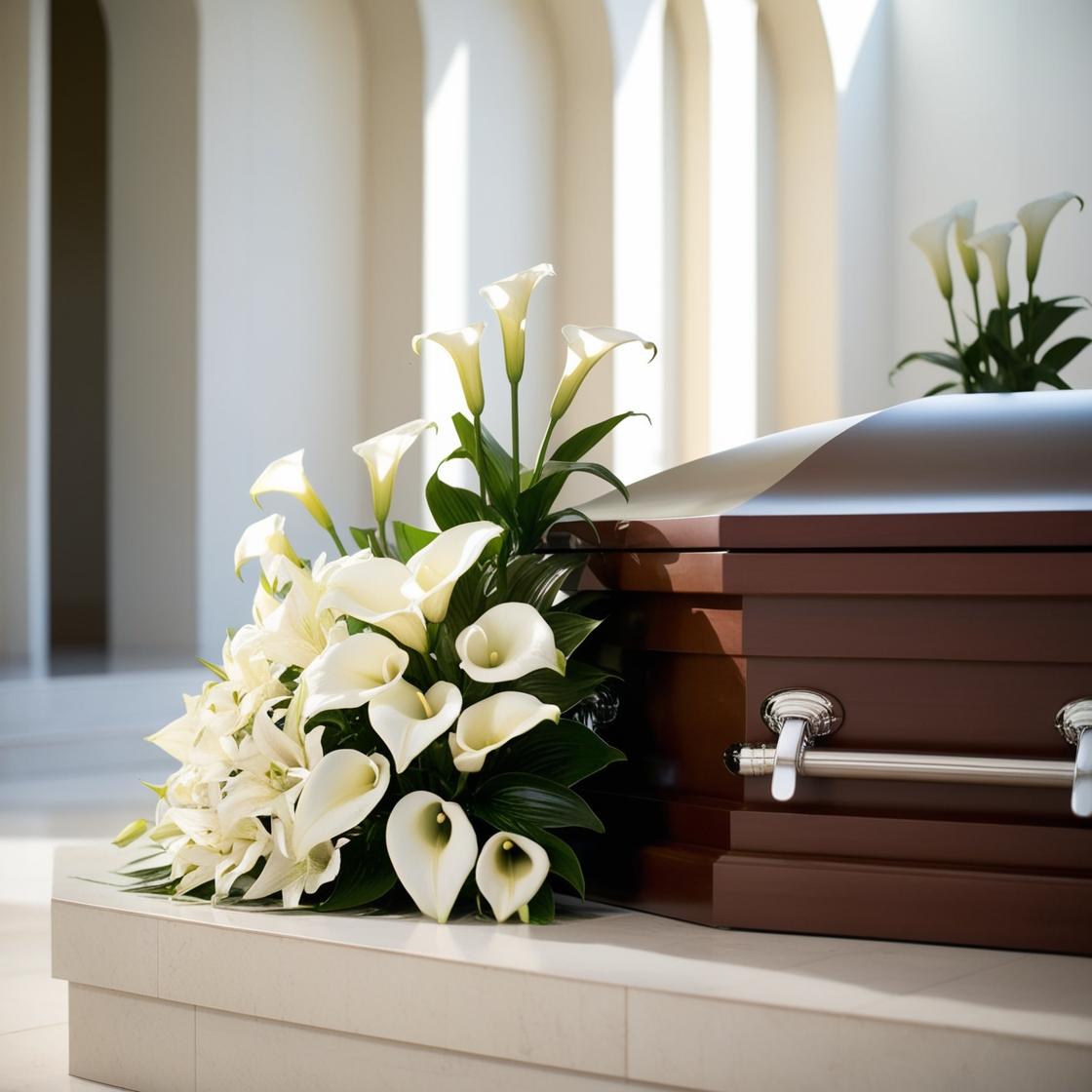 White calla lily and white lily casket spray with lush greenery ‚-- elegant funeral tribute by LUXE Macon.