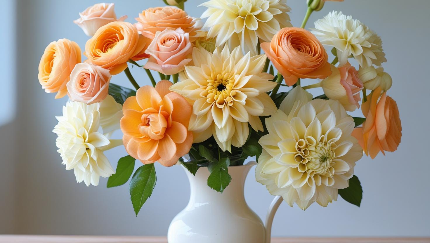 Sunlit Peach & Ivory Pitcher – Soft peach roses with white flowers in pitcher vase by LUXE Macon