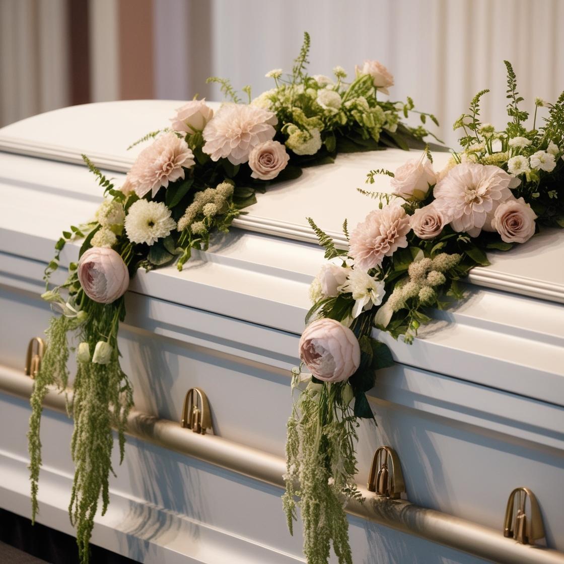 Blush pink and ivory casket adornment with dahlias, roses, ranunculus, and cascading greenery ‚-- funeral tribute by LUXE Macon.
