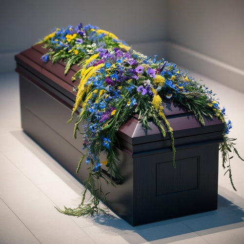 Colorful wildflower casket spray with blue cornflowers, yellow solidago, and purple asters ‚-- rustic funeral tribute by LUXE Macon.