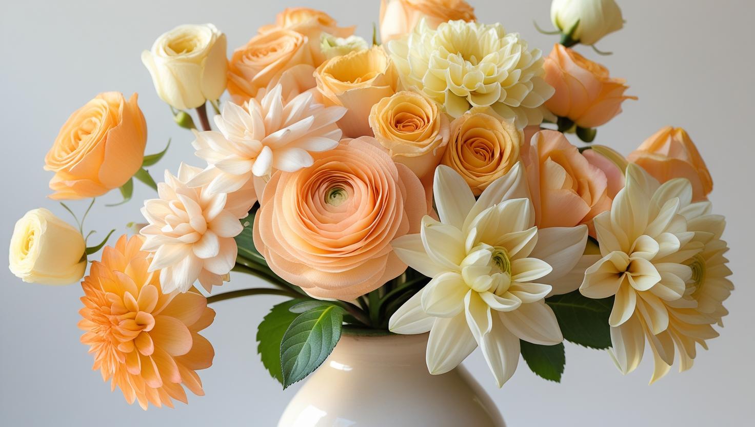 Peach & Cream Harmony Vase – Pastel peach roses and cream blooms in elegant vase by LUXE Macon