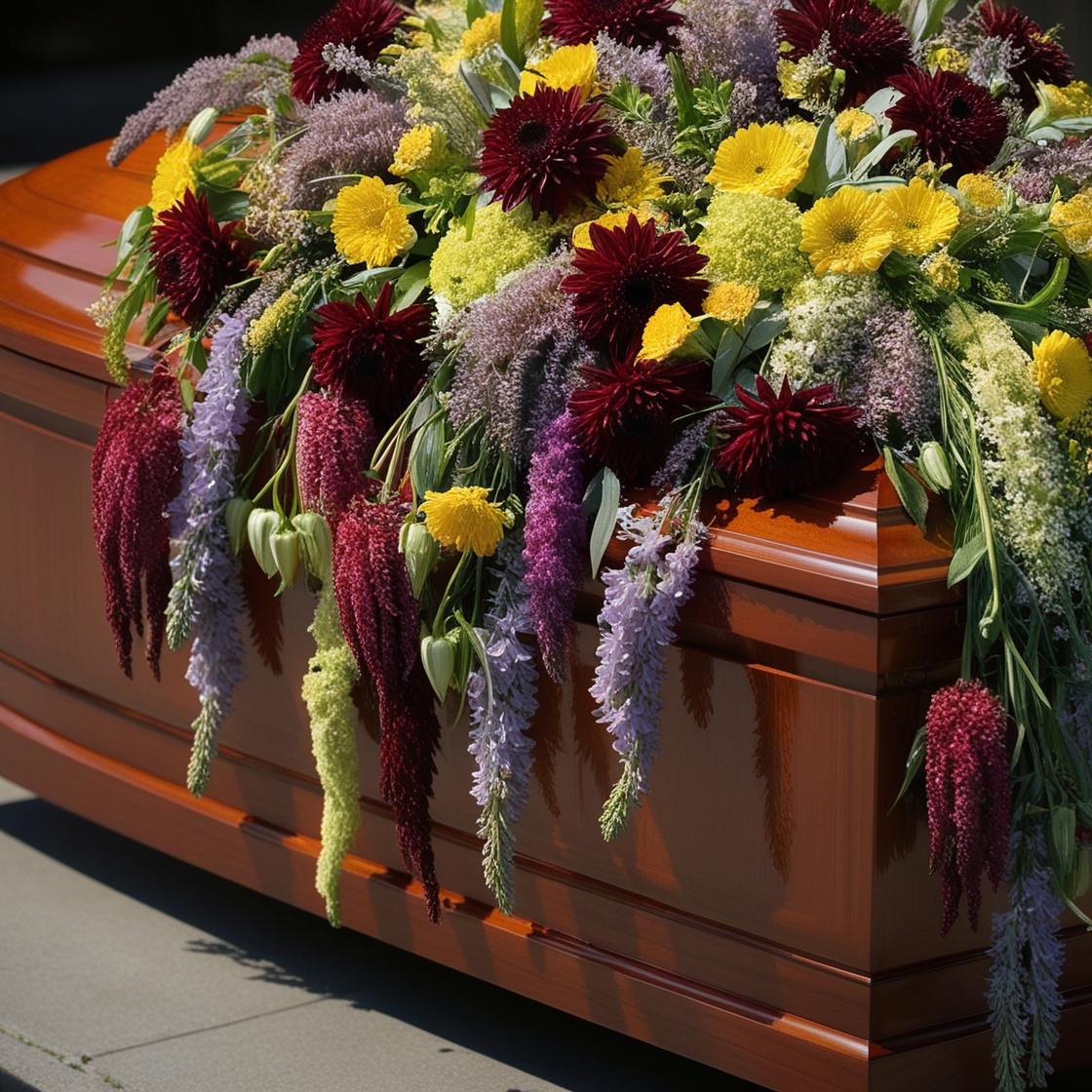 Burgundy, yellow, and lavender casket spray with dahlias, mums, and cascading Amaranthus ‚-- funeral tribute by LUXE Macon.