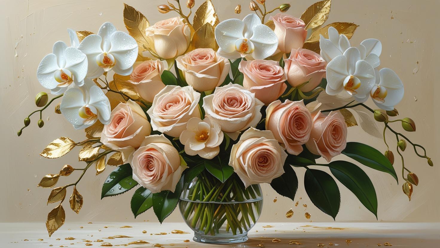 Gilded Orchid & Rose Elegance – Gold accents with white orchids and roses in luxury arrangement by LUXE Macon