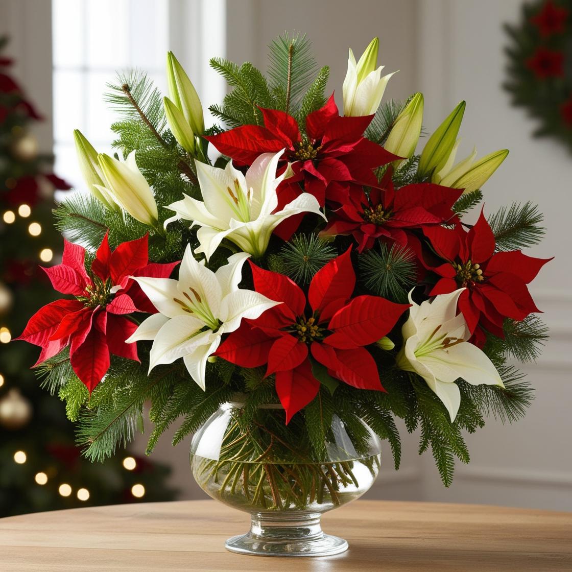 Christmas Lily & Poinsettia Vase – Festive Holiday Floral Design by LUXE Macon