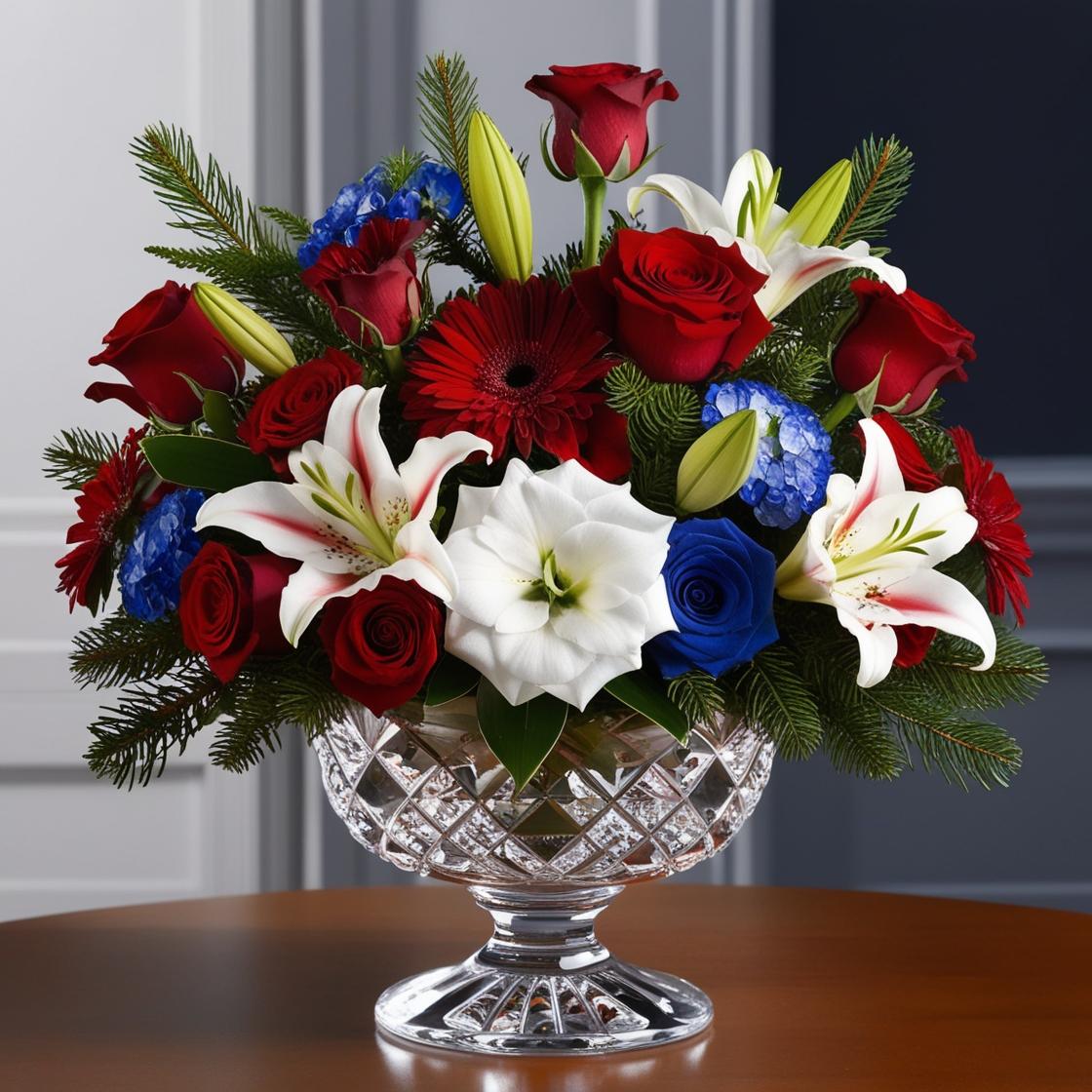 Stars & Stripes Crystal Arrangement – Patriotic Red, White & Blue Flowers by LUXE Macon