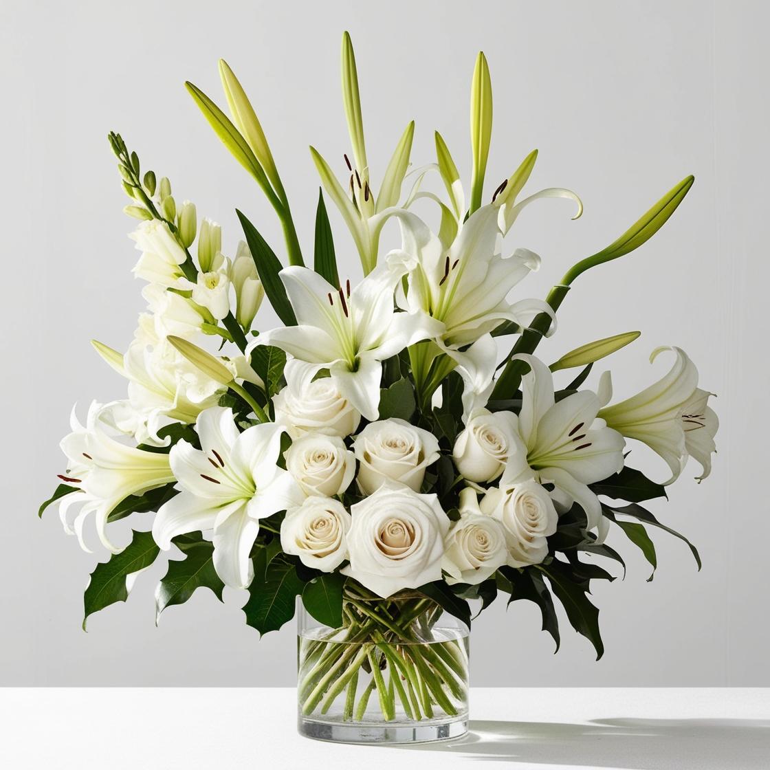 White lily and white rose sympathy arrangement in a clear glass vase ‚-- funeral tribute by LUXE Macon.