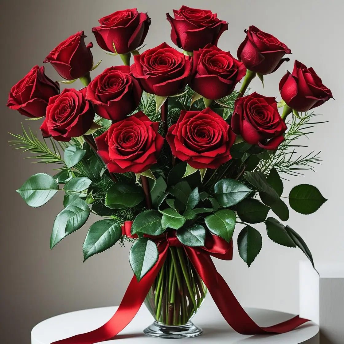 Bouquet of red roses with green leaves and a red ribbon in a clear vase on a neutral background