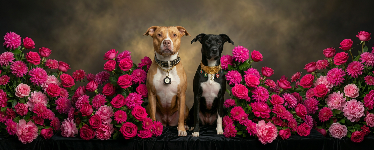 Two dogs, Bailey and Toot, sitting in a studio surrounded by pink flowers.