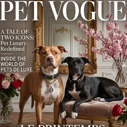 Magazine cover titled 'Pet Vogue' featuring two dogs on a couch with floral arrangements.