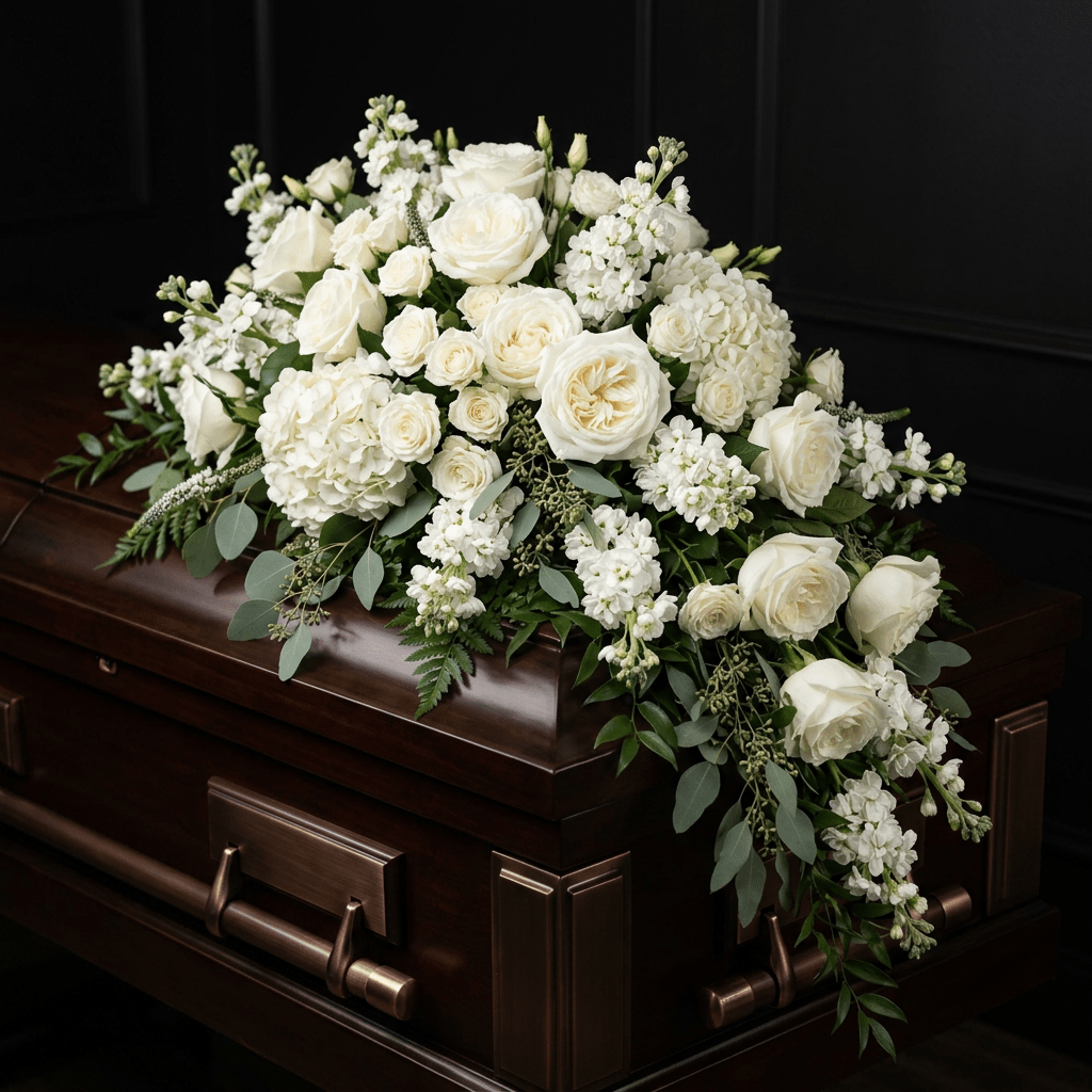 eternal white casket spray flower arrangement macon ga florist
