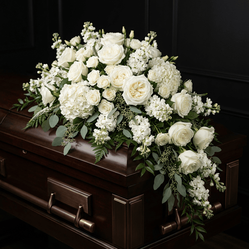 eternal white casket spray flower arrangement macon ga florist