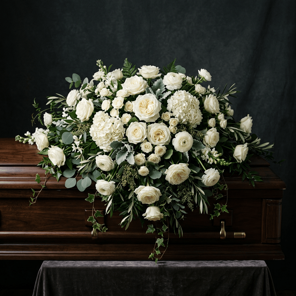 eternal white casket spray flower arrangement macon ga florist