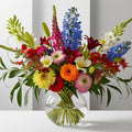 rainbow garden delphinium arrangement | luxe macon flower arrangement macon ga florist