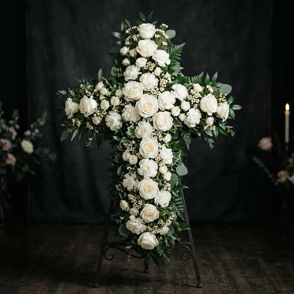 White Floral Cross Standing Spray | LUXE Macon