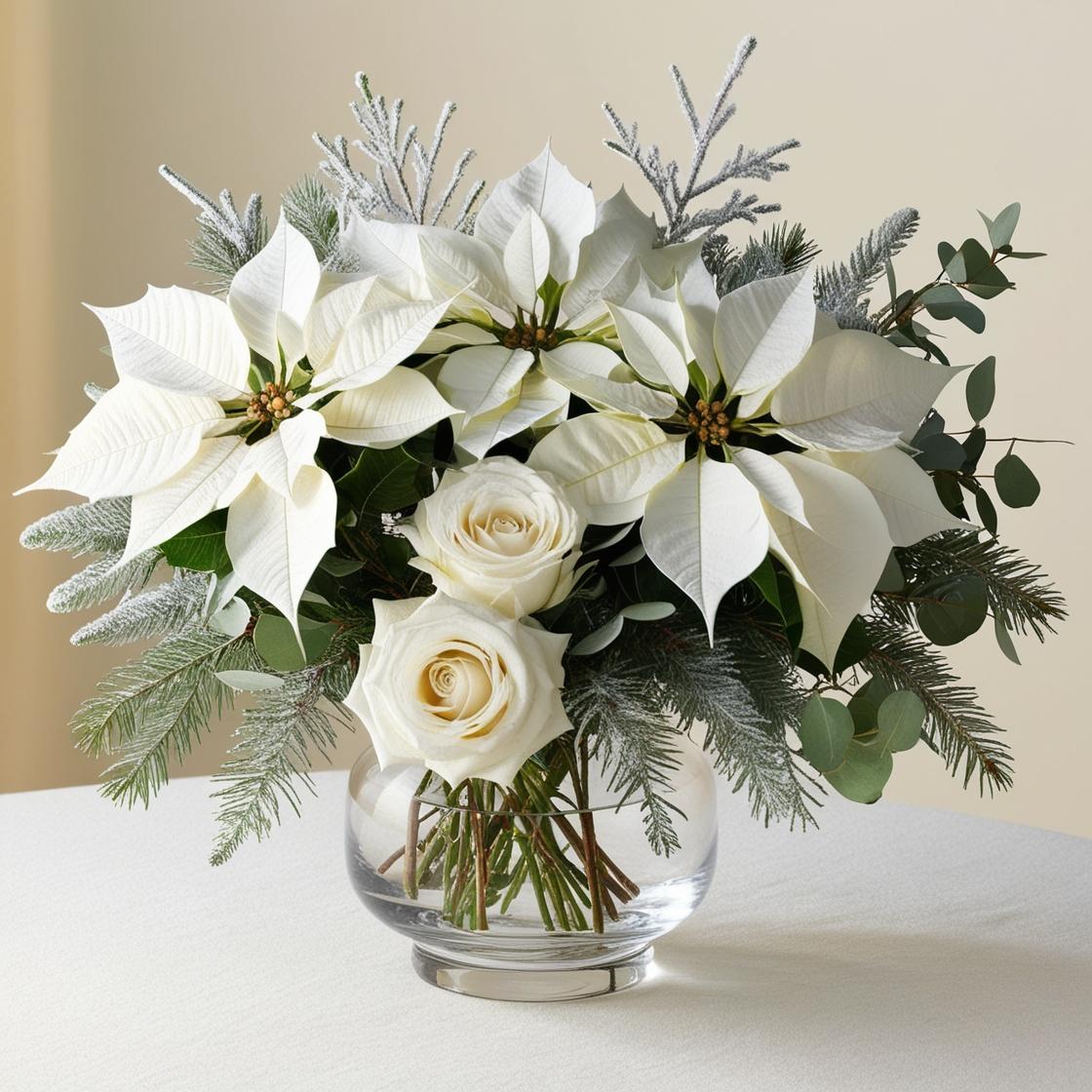 Winter White Poinsettia & Rose Arrangement | LUXE Macon